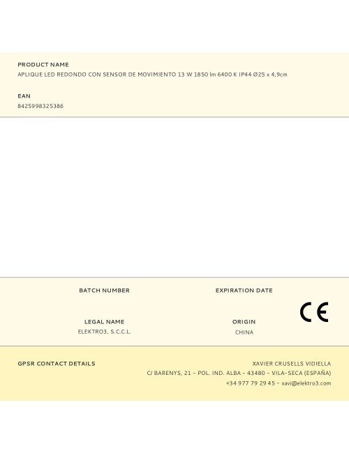 Aplique led redondo con sensor de movimiento 13 w 1850 lm 6400 k ip44 ø25 x 4,9cm