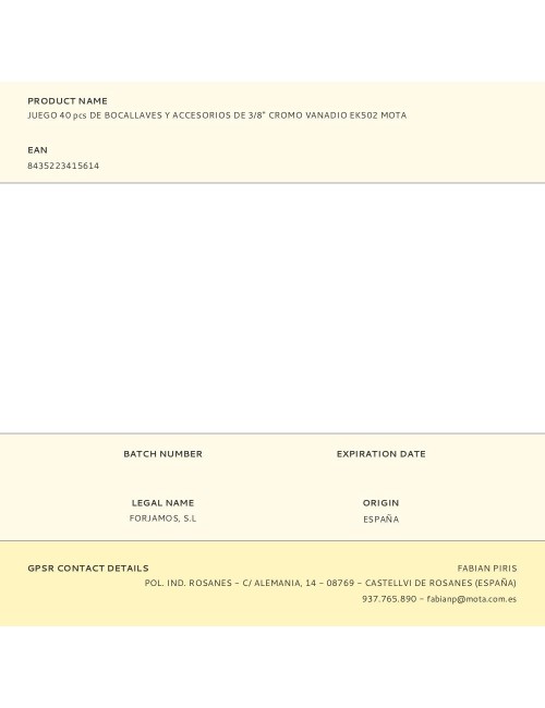 Juego 40 pcs de bocallaves y accesorios de 3/8" cromo vanadio ek502 mota