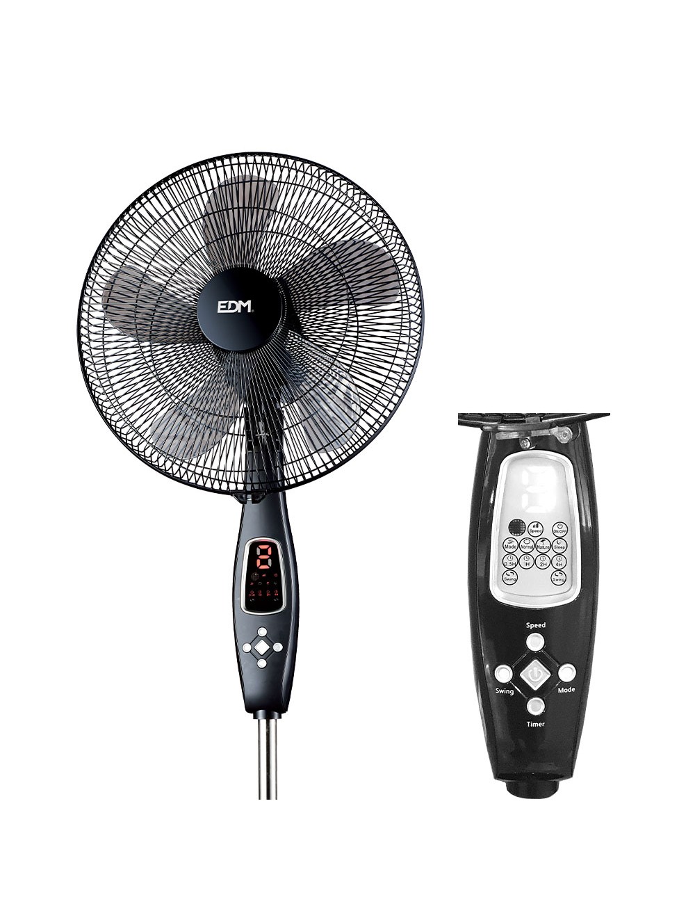 Ventilador de pie mando a distancia, negro, potencia 60 w 62,9 db aspas ø40 cm, altura regulable 110-130 cm