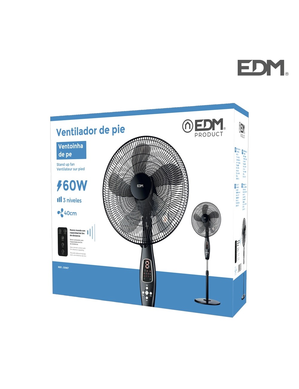 Ventilador de pie mando a distancia, negro, potencia 60 w 62,9 db aspas ø40 cm, altura regulable 110-130 cm