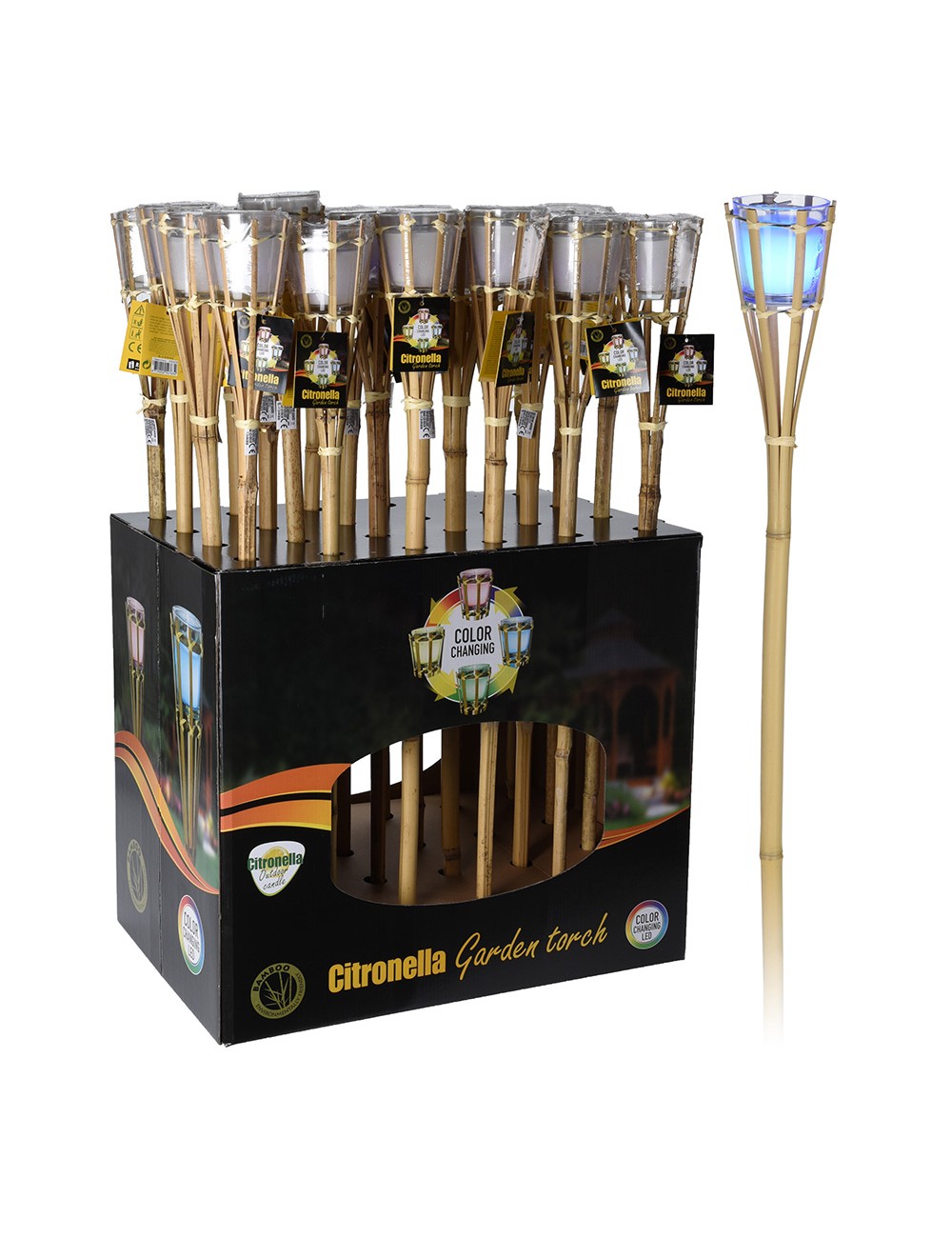 Antorcha de bamboo color natural con vela de led rgb y perfumada a pilas 77cm