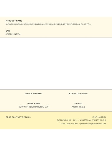 Antorcha de bamboo color natural con vela de led rgb y perfumada a pilas 77cm