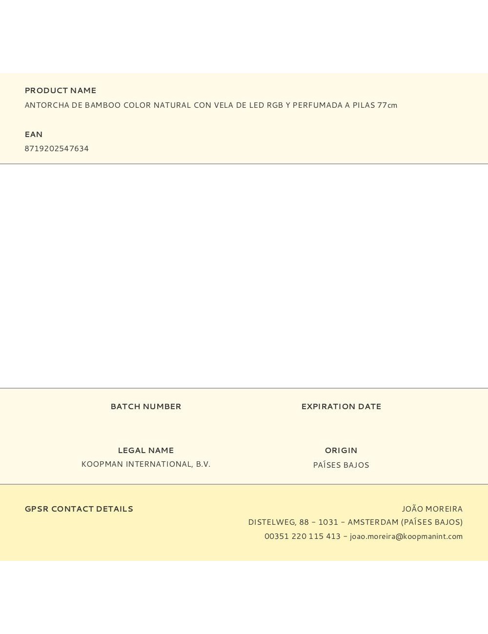 Antorcha de bamboo color natural con vela de led rgb y perfumada a pilas 77cm