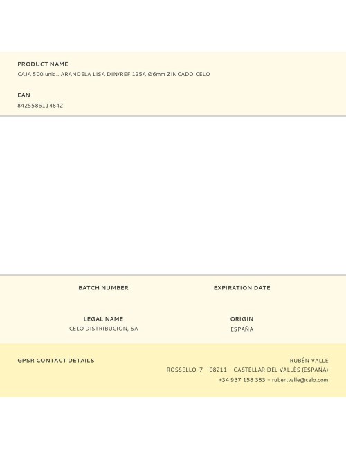 Caja 500 unid.. arandela lisa din/ref 125a ø6mm zincado celo