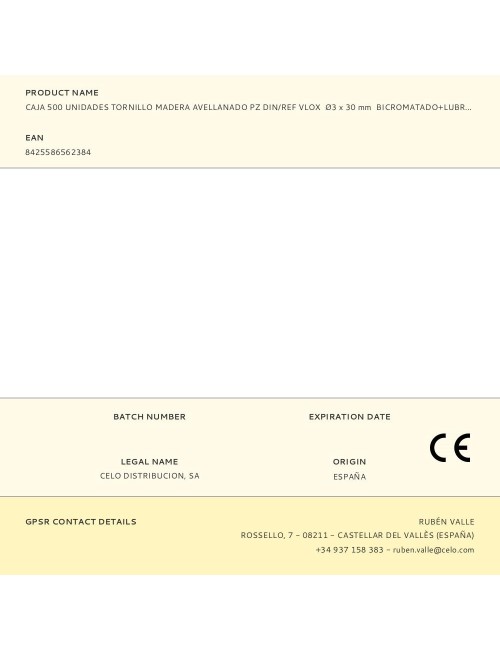 Caja 500 unidades tornillo madera avellanado pz din/ref vlox ø3 x 30 mm bicromatado+lubr.