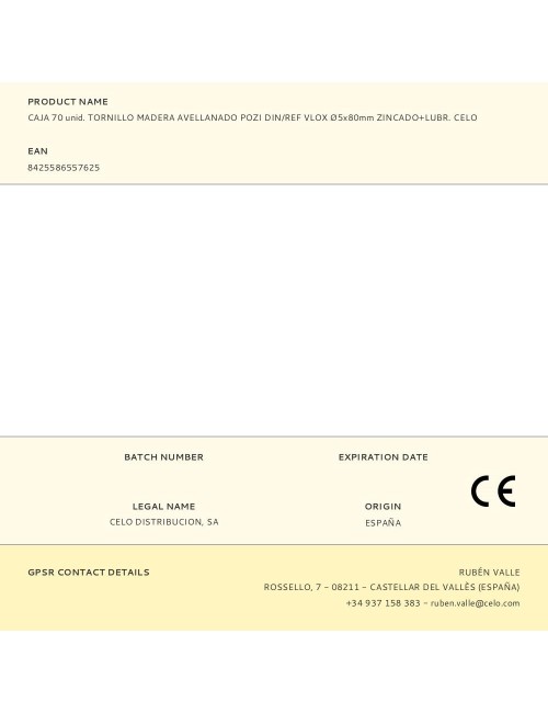 Caja 70 unid. tornillo madera avellanado pozi din/ref vlox ø5x80mm zincado+lubr. celo