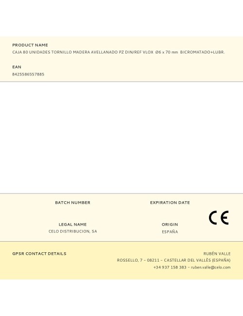 Caja 80 unidades tornillo madera avellanado pz din/ref vlox ø6 x 70 mm bicromatado+lubr.