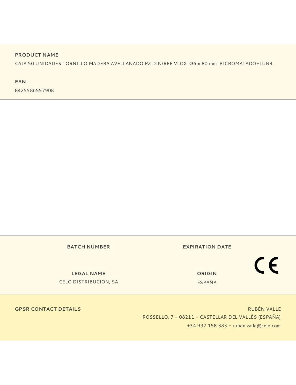 Caja 50 unidades tornillo madera avellanado pz din/ref vlox ø6 x 80 mm bicromatado+lubr.
