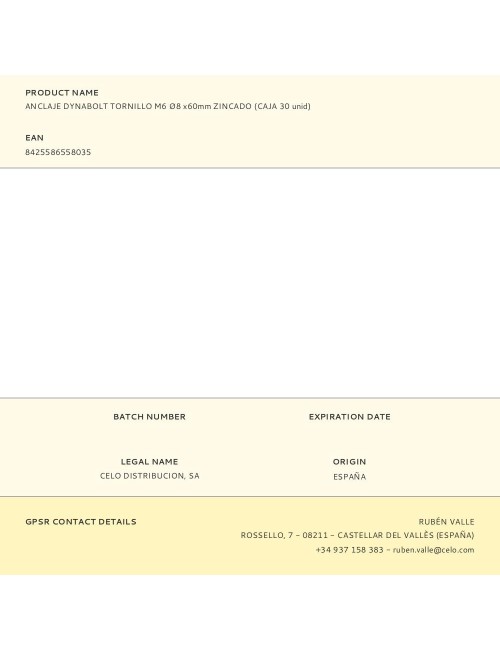 Anclaje dynabolt tornillo zincado m6 ø8 x 60 mm, caja 30 uds