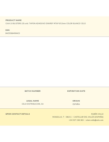 Caja 10 blisters 20 unid. tapon adhesivo din/ref mtap ø13mm color blanco celo