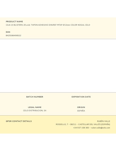 Caja 10 blisters 20 unid. tapon adhesivo din/ref mtap ø13mm color nogal celo