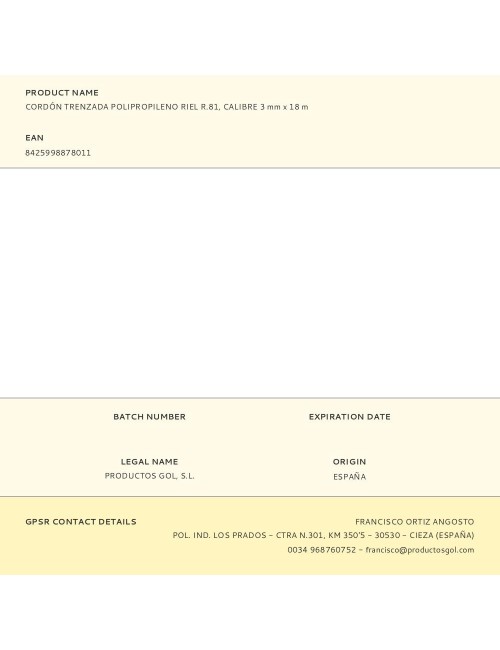 Cordón trenzada polipropileno riel r.81, calibre 3 mm x 18 m