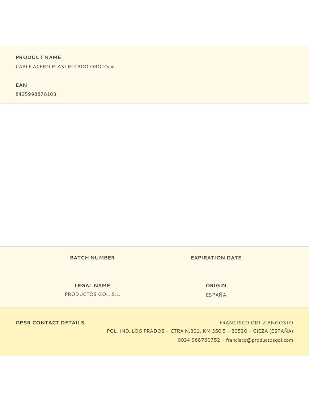 Cable acero plastificado oro 25 m