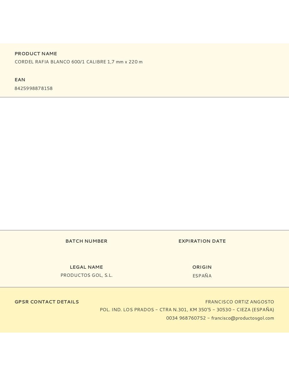 Cordel rafia blanco 600/1 calibre 1,7 mm x 220 m