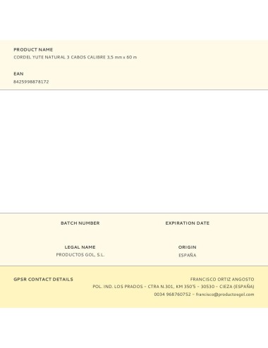 Cordel yute natural 3 cabos calibre 3,5 mm x 60 m