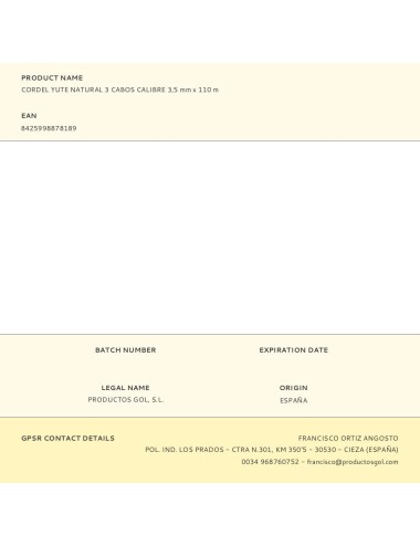 Cordel yute natural 3 cabos calibre 3,5 mm x 110 m