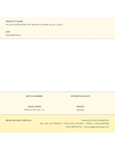 Hilo algodón embutido blanco calibre 0,8 mm x 240 m