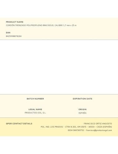 Cordón trenzado polipropileno 8842 rojo, calibre 1,7 mm x 25 m