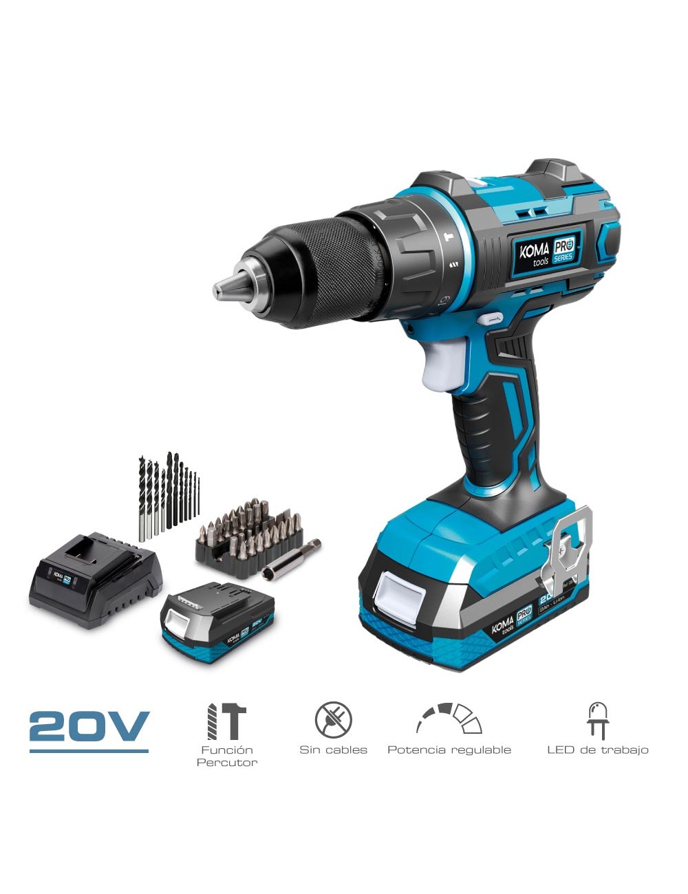 Kit taladro percutor/atornillador 20 v con 2 baterias 2.0a y cargador 22,5 x 20,3 cm pro series