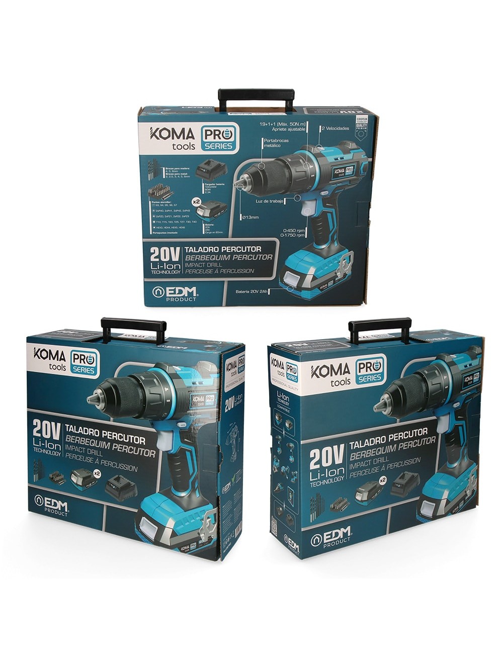 Kit taladro percutor/atornillador 20 v con 2 baterias 2.0a y cargador 22,5 x 20,3 cm pro series