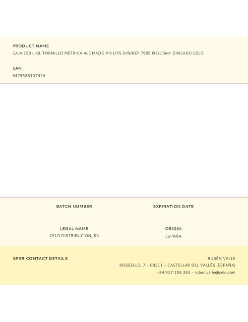 Caja 250 unid. tornillo metrica alomado philips din/ref 7985 ø5x15mm zincado celo