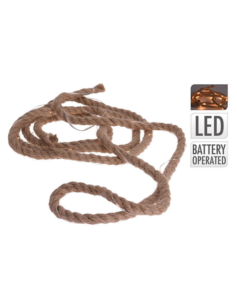 Guirnalda a pilas fija 30 microleds cuerda de yute luz blanco calido 3,03m