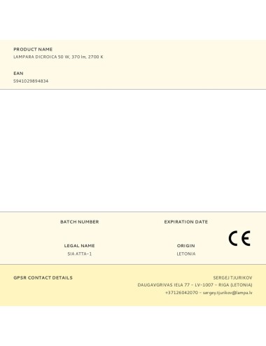 Lampara dicroica 50 w, 370 lm, 2700 k