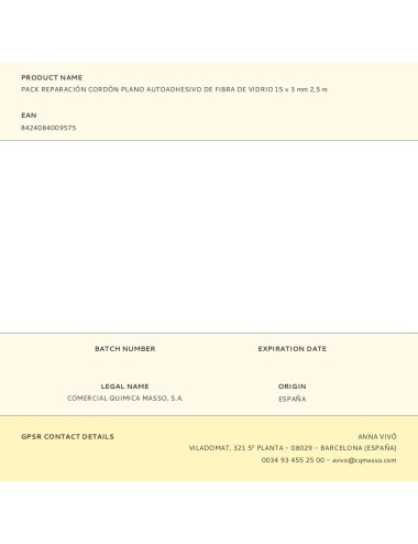Pack reparación cordón plano autoadhesivo de fibra de vidrio 15 x 3 mm 2,5 m