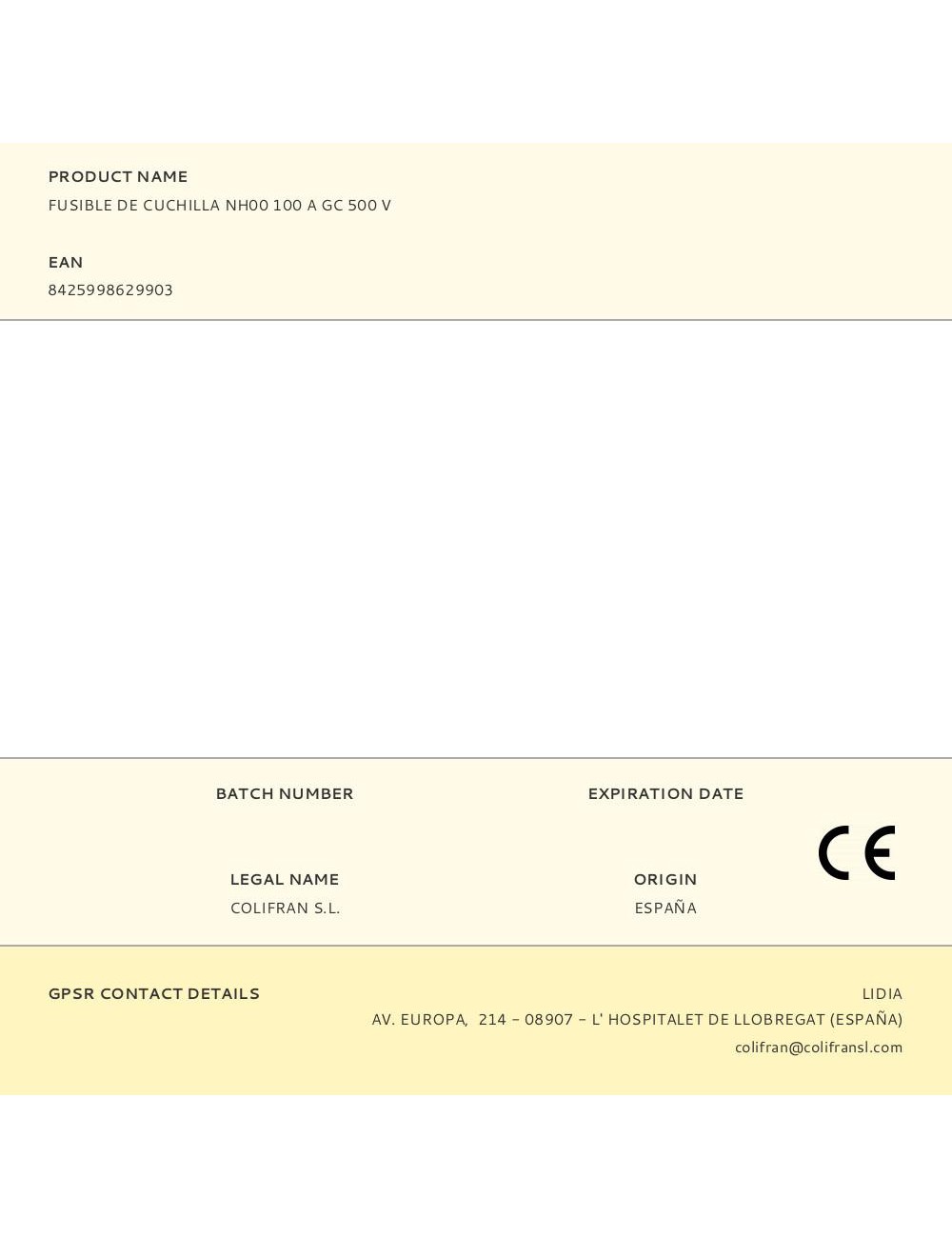 Fusible de cuchilla nh00 100 a gc 500 v