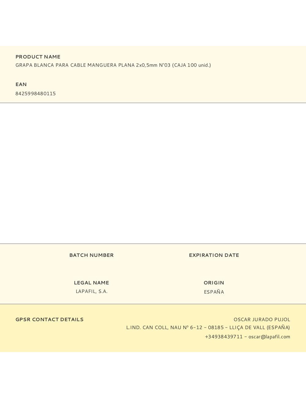 Grapa para cable manguera plana 2 x 0,5 mm n°03, blanca, caja 100 uds