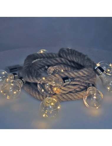 Guirnalda a pilas fija 10 bombillas con 3 leds cada bombilla. cuerda de yute luz blanco calido 3,15 m