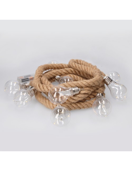 Guirnalda a pilas fija 10 bombillas con 3 leds cada bombilla. cuerda de yute luz blanco calido 3,15 m