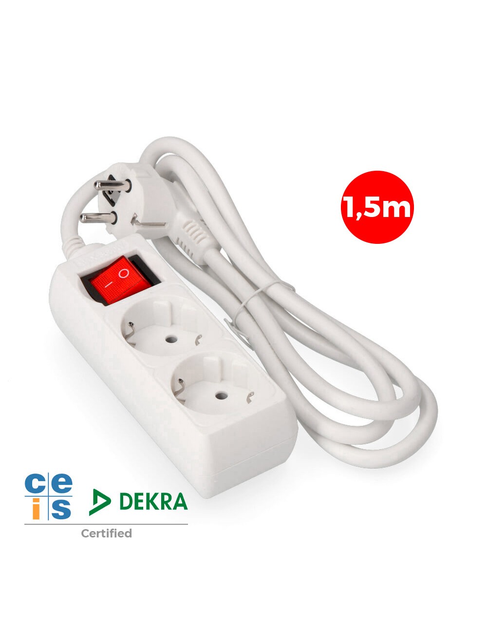 Base múltiple 2 tomas 2p+t con interruptor luminoso, 16 a 250 v~ 1,5 m de cable h05vv-f 3 g 1,5 mm blanca