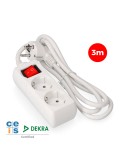 Base múltiple 2 tomas 2p+t con interruptor luminoso, 3 m de cable h05vv-f 3g1,5 mm, blanca
