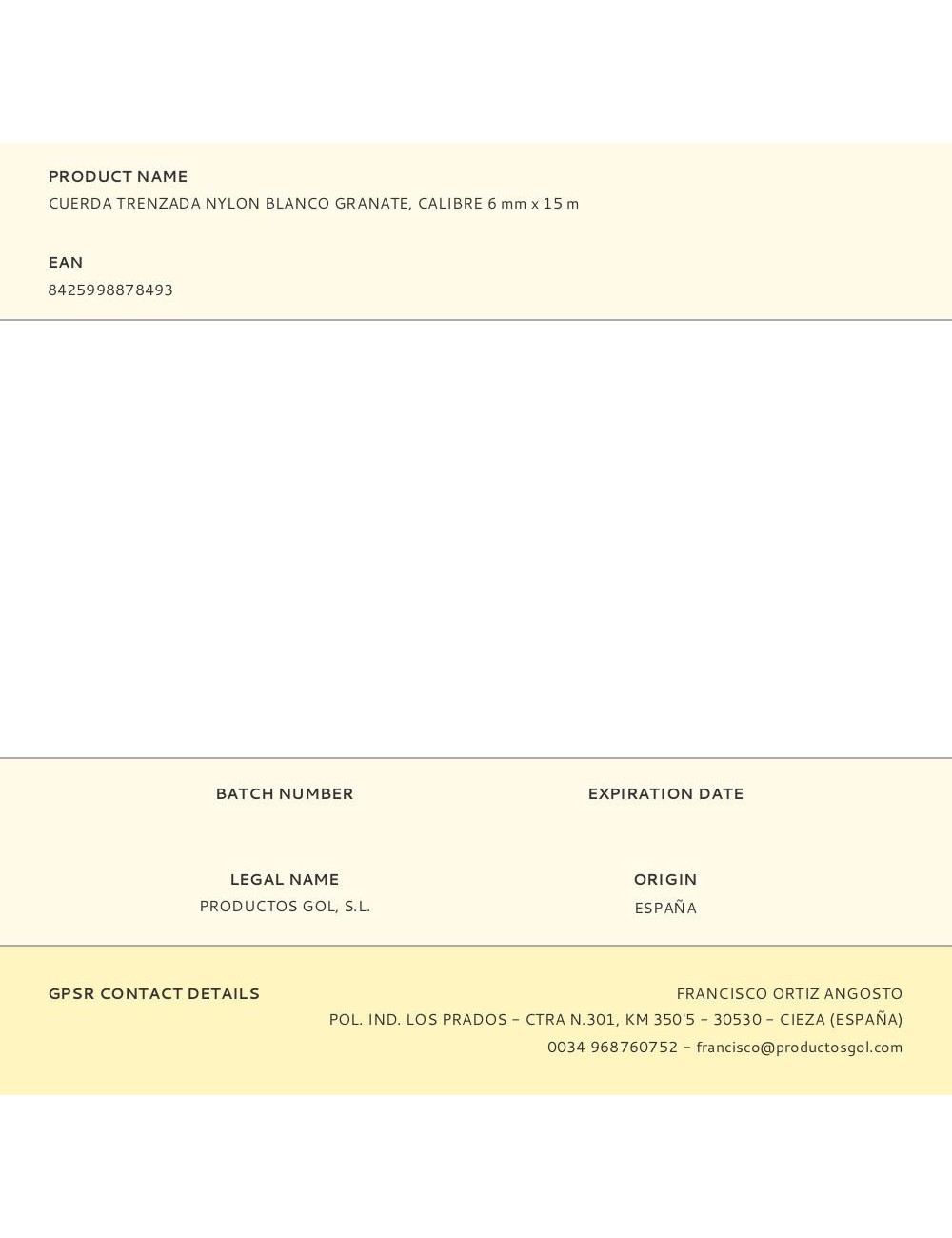 Cuerda trenzada nylon blanco granate, calibre 6 mm x 15 m