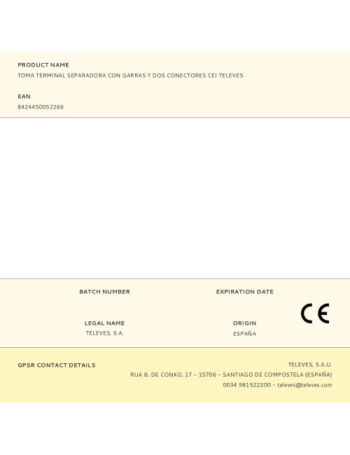 Toma terminal separadora con garras y dos conectores cei televes
