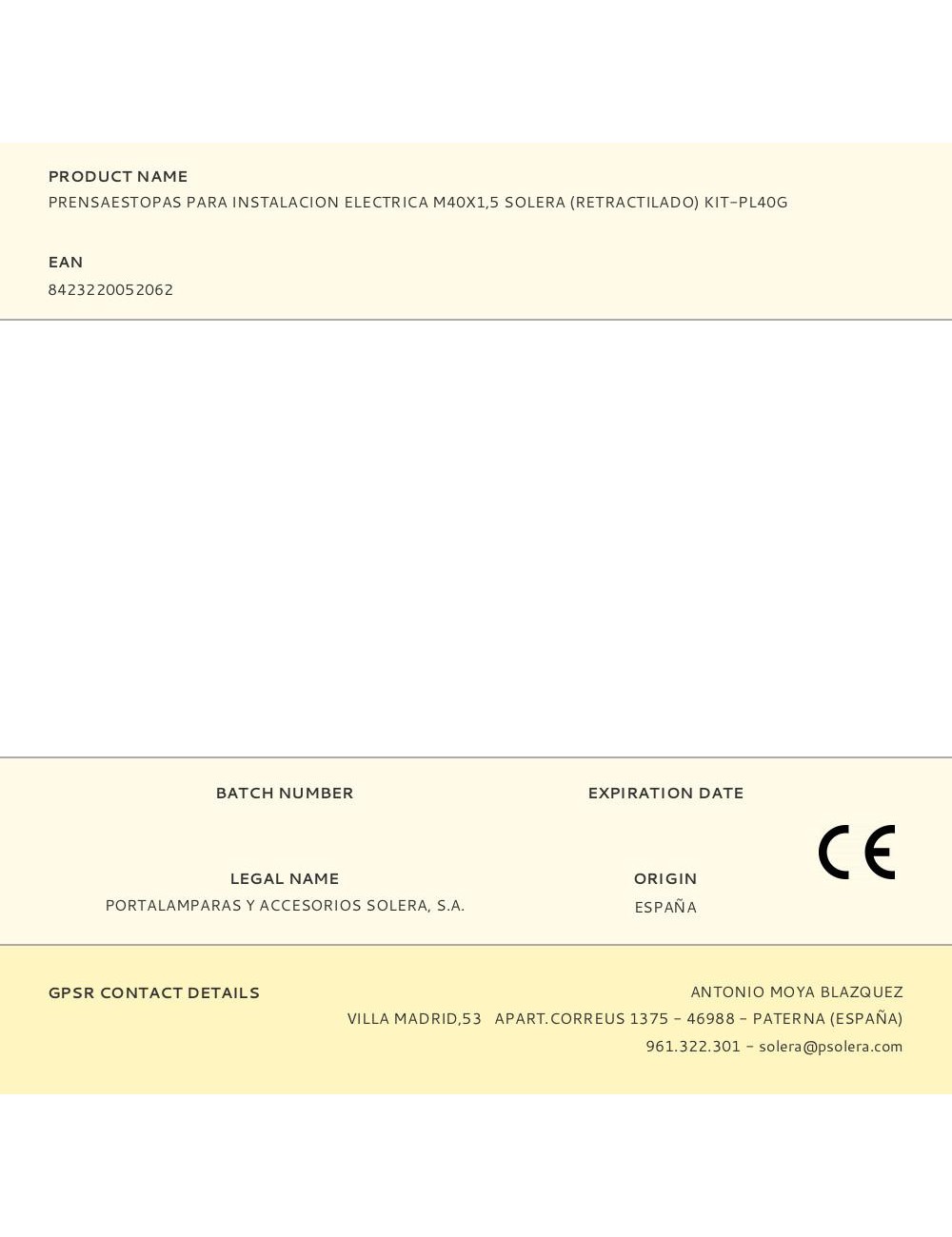 Prensaestopas para instalacion electrica m40x1,5 solera (retractilado) kit-pl40g