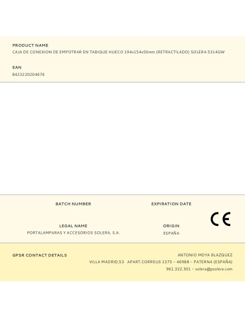 Caja de conexion de empotrar en tabique hueco 194x154x50mm (retractilado) solera 5314gw