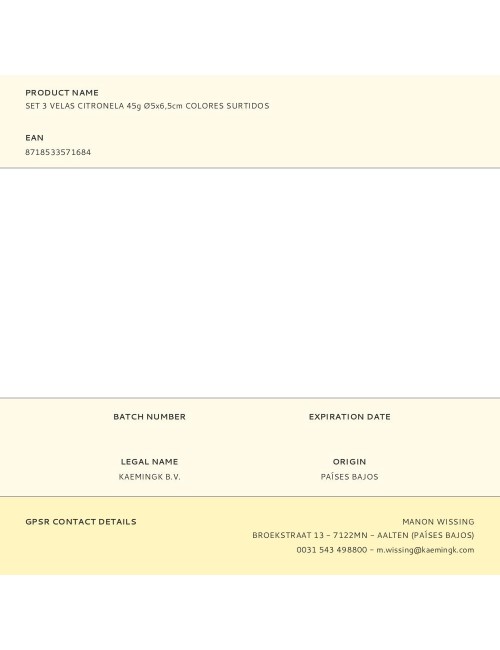 Set 3 velas citronela 45g ø5x6,5cm colores surtidos