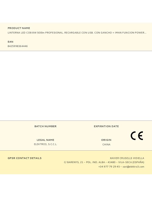 Linterna led cob 10w 500lm profesional. recargable con usb. con gancho + iman funcion power bank. incluye cable de carga