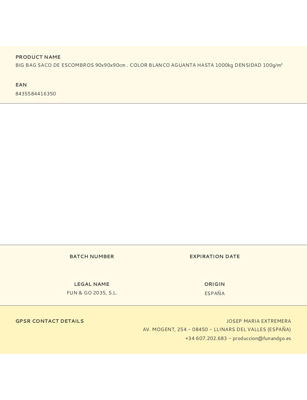 Big bag saco de escombros 90x90x90cm . color blanco aguanta hasta 1000kg densidad 100g/m