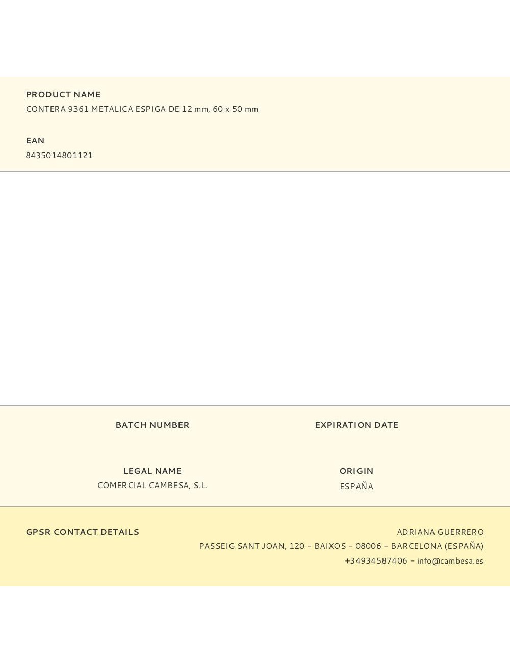 Contera 9361 metalica espiga de 12 mm, 60 x 50 mm