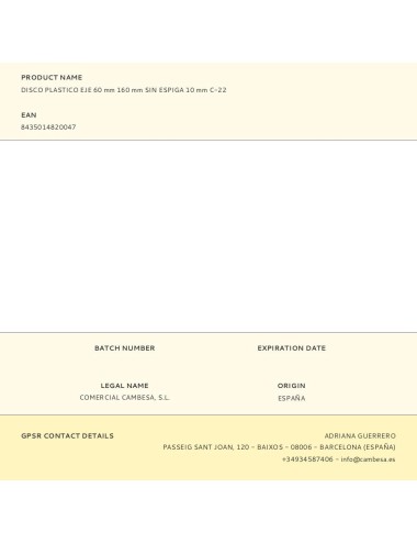 Disco plastico eje 60 mm 160 mm sin espiga 10 mm c-22