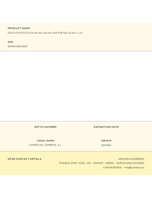 Disco plastico eje 60 mm 160 mm sin espiga 10 mm c-22