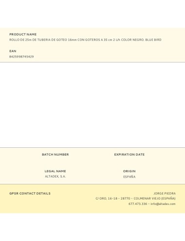 Rollo de 25m de tuberia de goteo 16mm con goteros a 35 cm 2 l/h color negro. blue bird