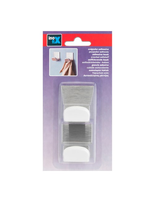 Colgador adhesivo blanco con base ade acero inoxidable (blister 2 uds)