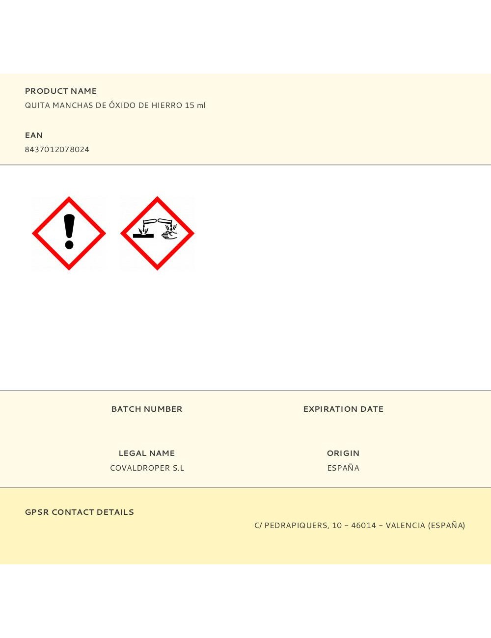 Quita manchas de óxido de hierro 15 ml