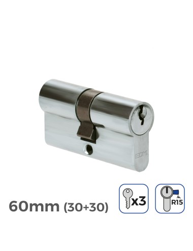 Cilindro 60 mm (30+30 mm) niquelado, leva larga r15 con 3 llaves de serreta incluidas