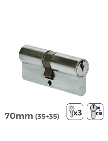 Cilindro 70 mm (35+35 mm) niquelado, leva larga r15 con 3 llaves de serreta incluidas