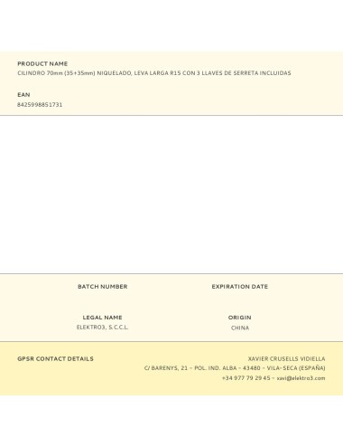 Cilindro 70 mm (35+35 mm) niquelado, leva larga r15 con 3 llaves de serreta incluidas